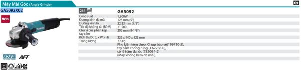 Máy Mài Góc Makita GA5092X02 (125MM/1900W/CÔNG TẮC TRƯỢT)